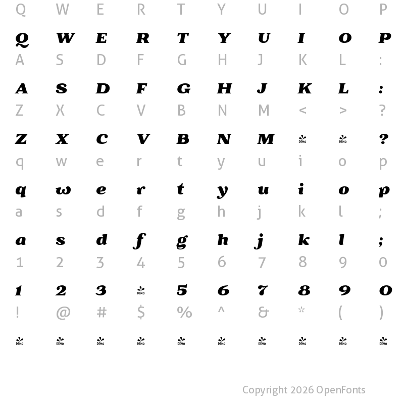 Character Map of FONTSPRING DEMO - Battlefin Blk Italic