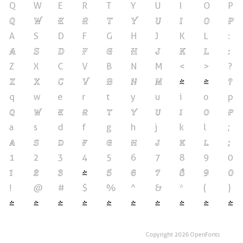 Character Map of FONTSPRING DEMO - Bay Tavern Out S Italic