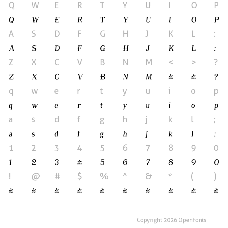 Character Map of FONTSPRING DEMO - Bayside Tavern Fill L Italic