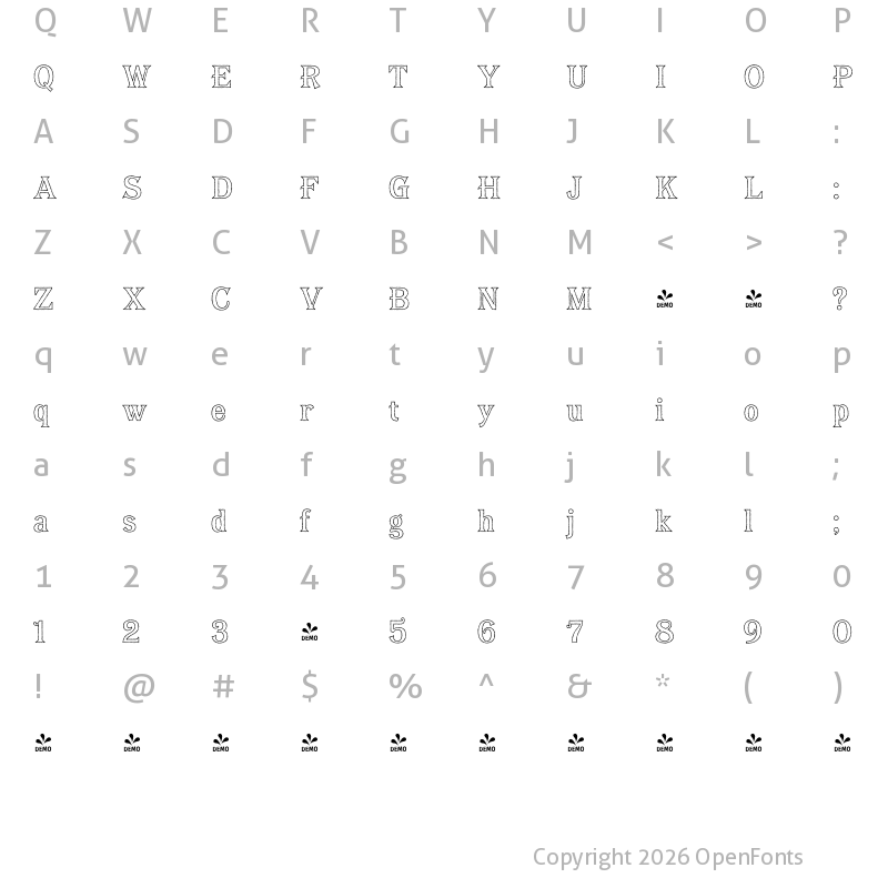 Character Map of FONTSPRING DEMO - Bayside Tavern Out Regular