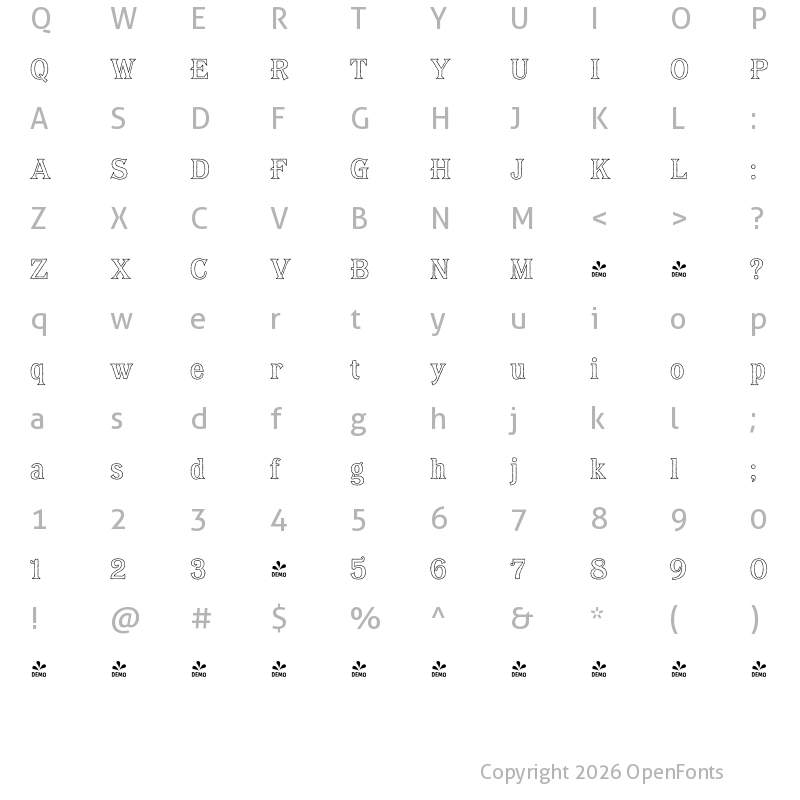 Character Map of FONTSPRING DEMO - Bayside Tavern Out X Regular