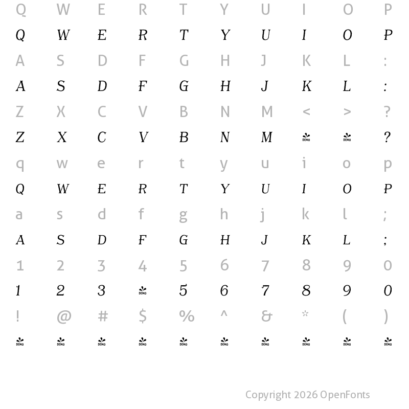 Character Map of FONTSPRING DEMO - Bayside Tavern S Plain Light Italic