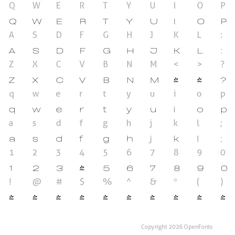 Character Map of FONTSPRING DEMO - BDSans Thin Regular