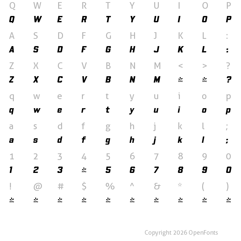 Character Map of FONTSPRING DEMO - Beachwood Bold Italic
