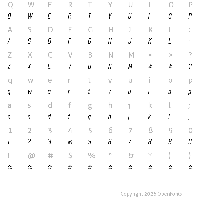 Character Map of FONTSPRING DEMO - Beachwood Tall Light Italic