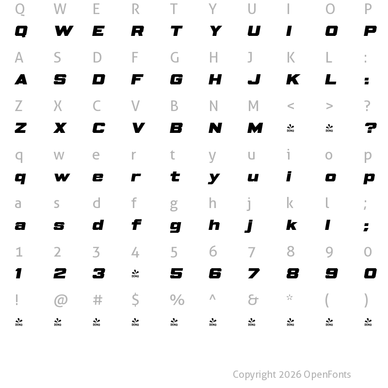 Character Map of FONTSPRING DEMO - Beachwood Wide UltraBold Italic