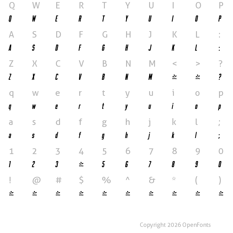 Character Map of FONTSPRING DEMO - Beachwood XTall Bold Italic