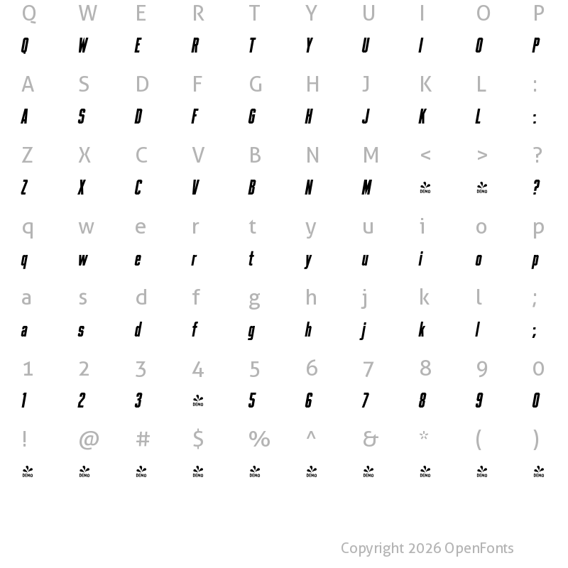 Character Map of FONTSPRING DEMO - Beachwood XTall ExtraBold Italic