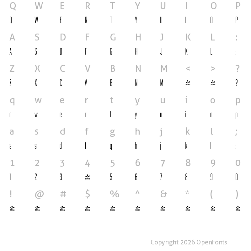 Character Map of FONTSPRING DEMO - Beachwood XTall ExtraLight Regular