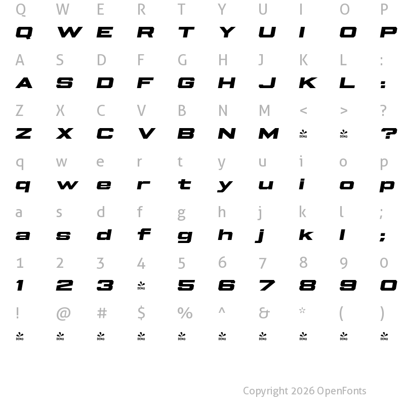 Character Map of FONTSPRING DEMO - Beachwood XWide ExtraBold Italic