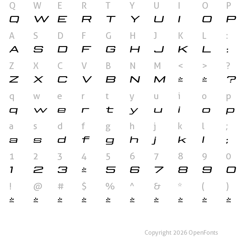 Character Map of FONTSPRING DEMO - Beachwood XWide Italic