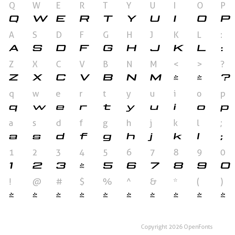 Character Map of FONTSPRING DEMO - Beachwood XWide Medium Italic