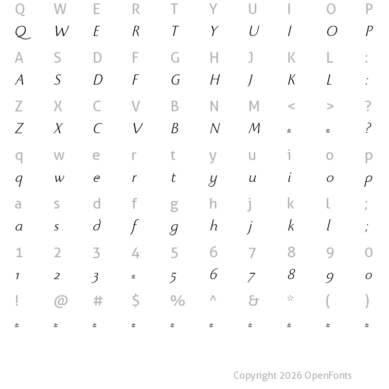 Character Map of FONTSPRING DEMO - Beatrix Antiqua Light Italic
