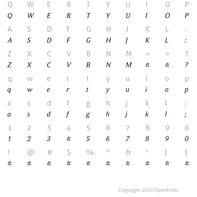 Character Map of FONTSPRING DEMO - BeaufortPro Italic