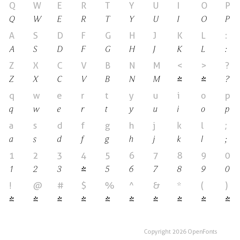 Character Map of FONTSPRING DEMO - BeaufortProLight Italic