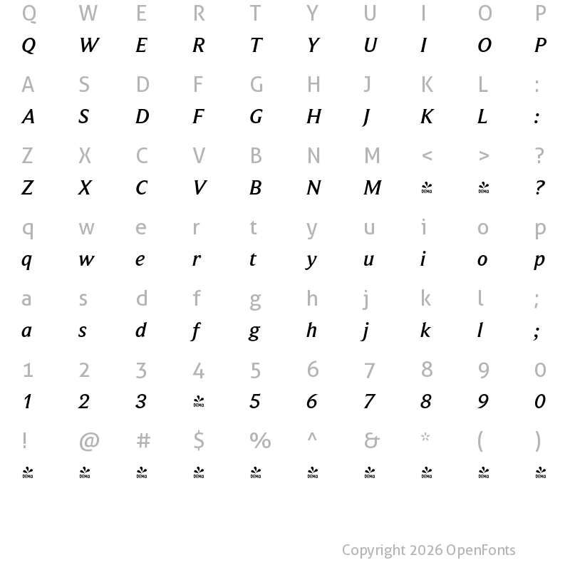 Character Map of FONTSPRING DEMO - BeaufortProMedium Italic