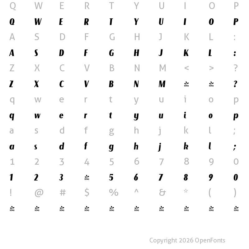 Character Map of FONTSPRING DEMO - Beaumont Black Italic