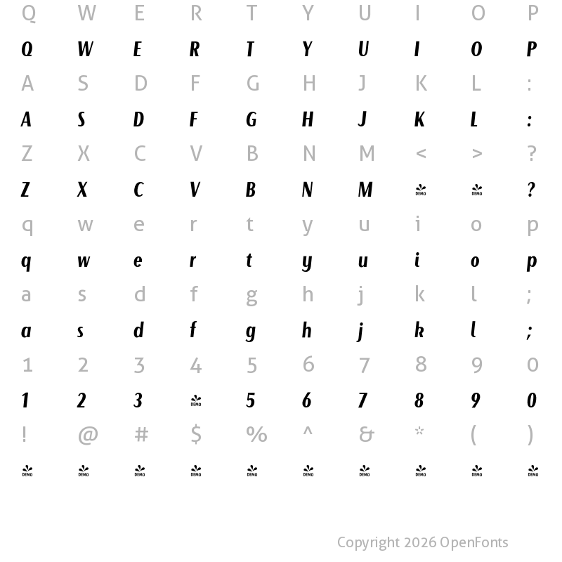 Character Map of FONTSPRING DEMO - Beaumont Bold Italic