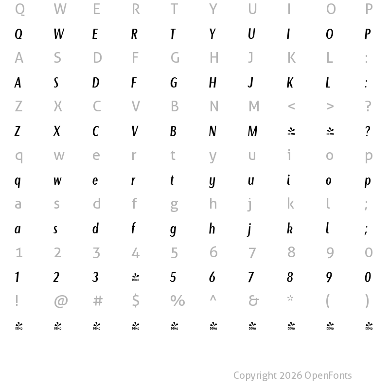 Character Map of FONTSPRING DEMO - Beaumont Italic