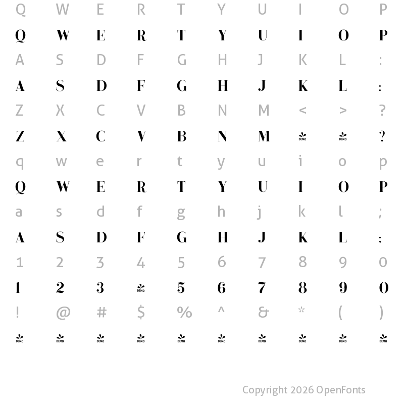 Character Map of FONTSPRING DEMO - Beautiful Grace Serif Regular