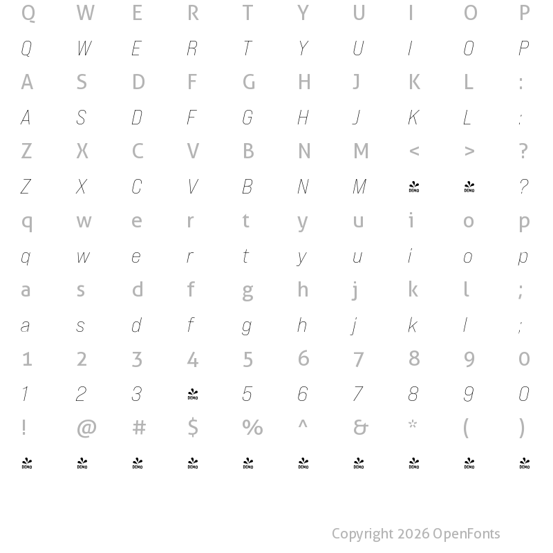 Character Map of FONTSPRING DEMO - Bebas Neue Pro Exp Lt Italic