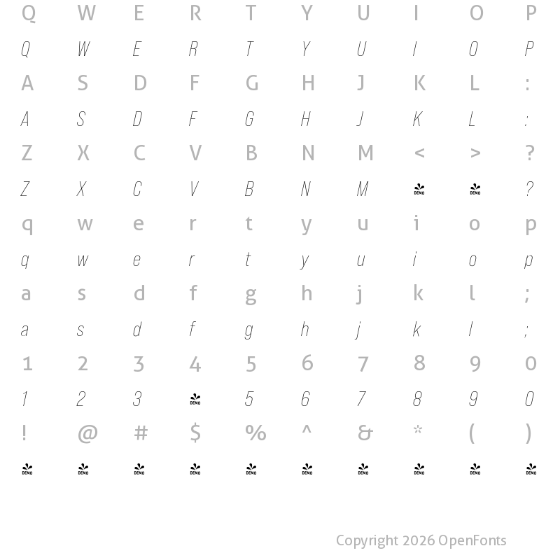 Character Map of FONTSPRING DEMO - Bebas Neue Pro Light Italic