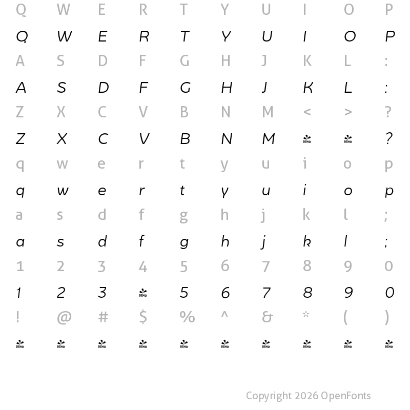 Character Map of FONTSPRING DEMO - Becky Italic