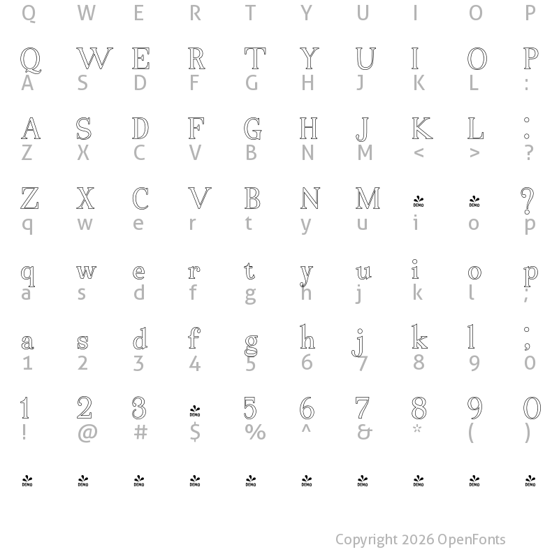 Character Map of FONTSPRING DEMO - Bekinder Outline Regular