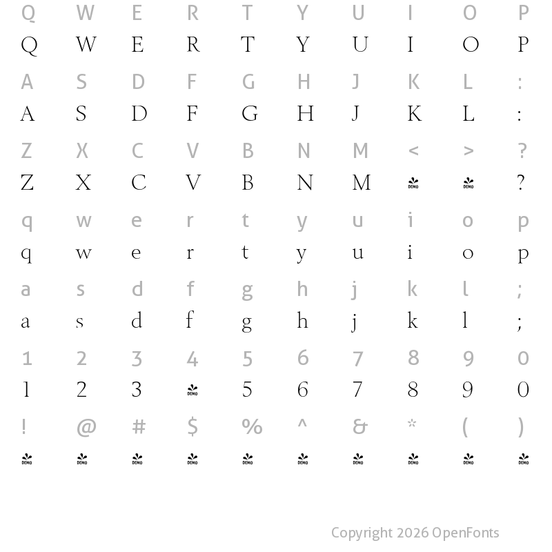 Character Map of FONTSPRING DEMO - Belfast Serial Xlight Regular
