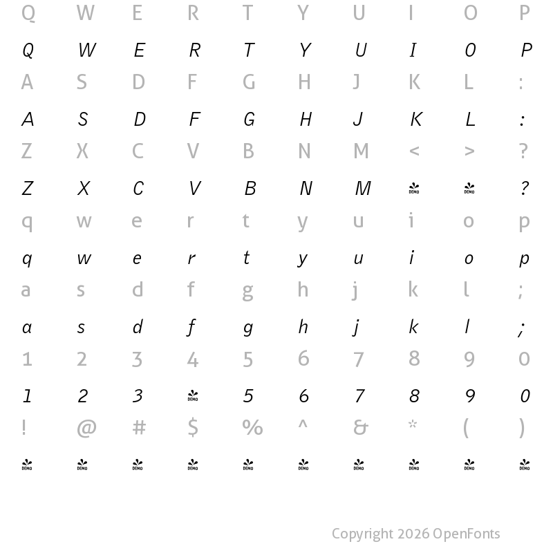 Character Map of FONTSPRING DEMO - Bell Gothic Italic