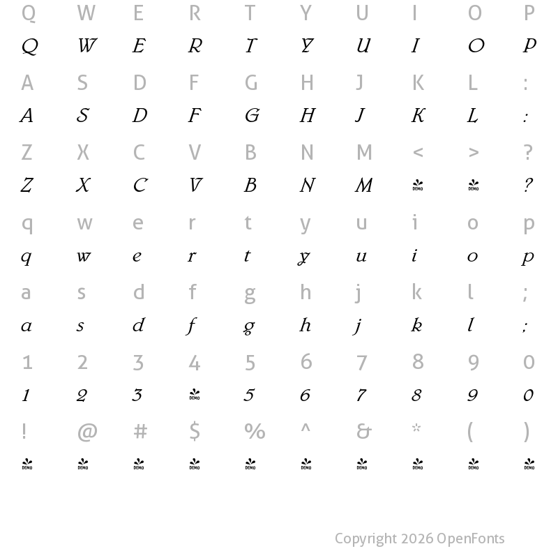 Character Map of FONTSPRING DEMO - Belwe FS Italic
