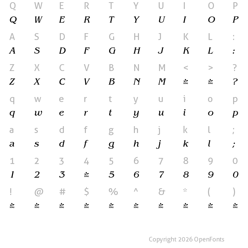 Character Map of FONTSPRING DEMO - Benecarlo Italic