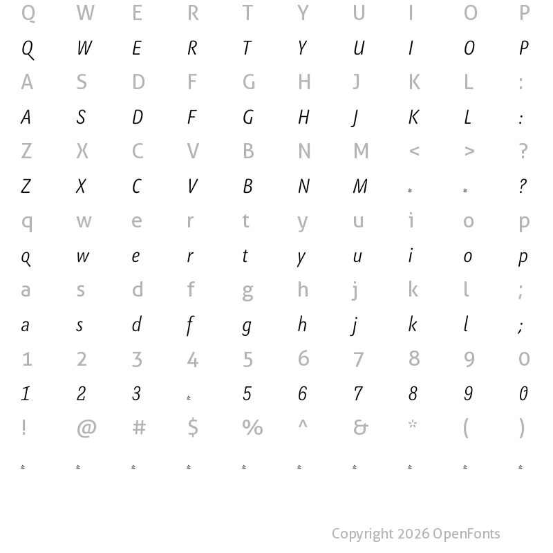 Character Map of FONTSPRING DEMO - Benedikt Light Italic
