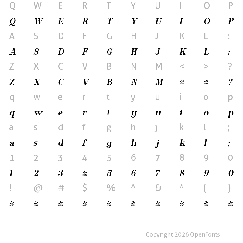 Character Map of FONTSPRING DEMO - Benord Italic
