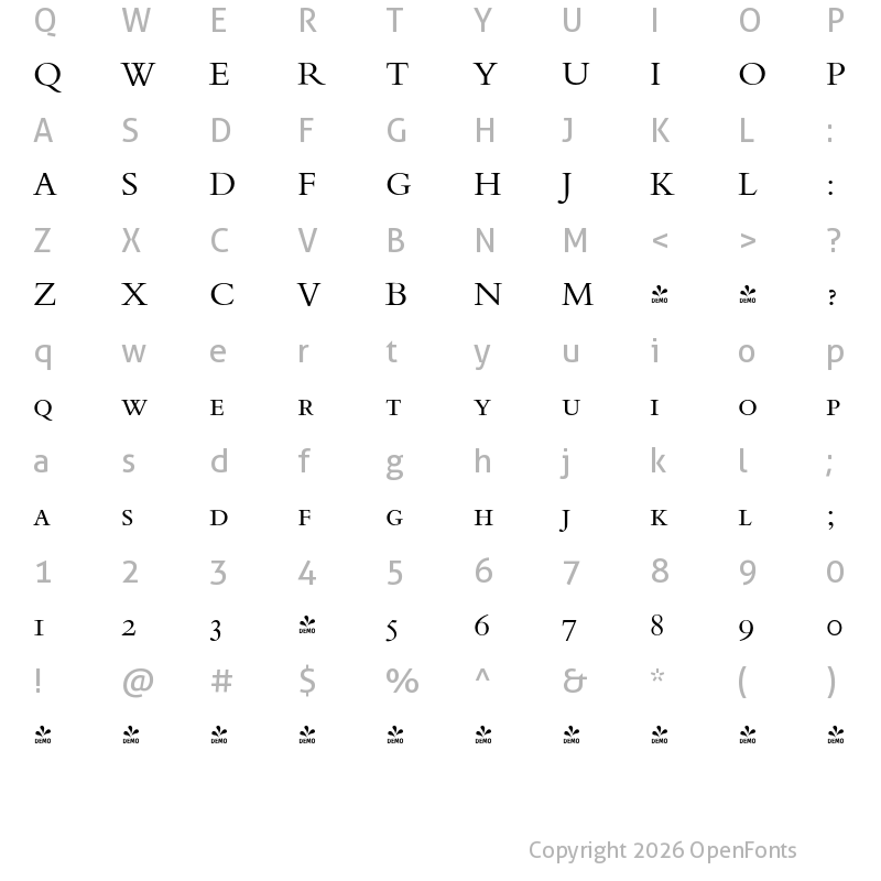 Character Map of FONTSPRING DEMO - Bergamo Pro Caps Regular