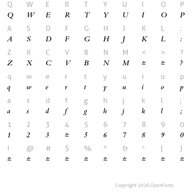 Character Map of FONTSPRING DEMO - Bergamo Pro Medium Italic
