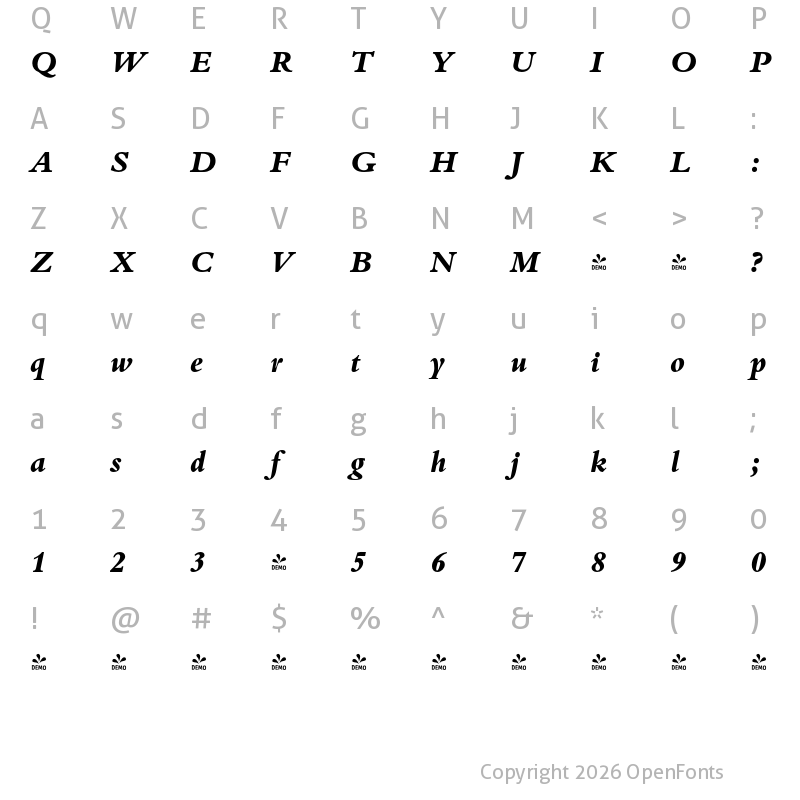 Character Map of FONTSPRING DEMO - Bergamo Pro Xbold Italic