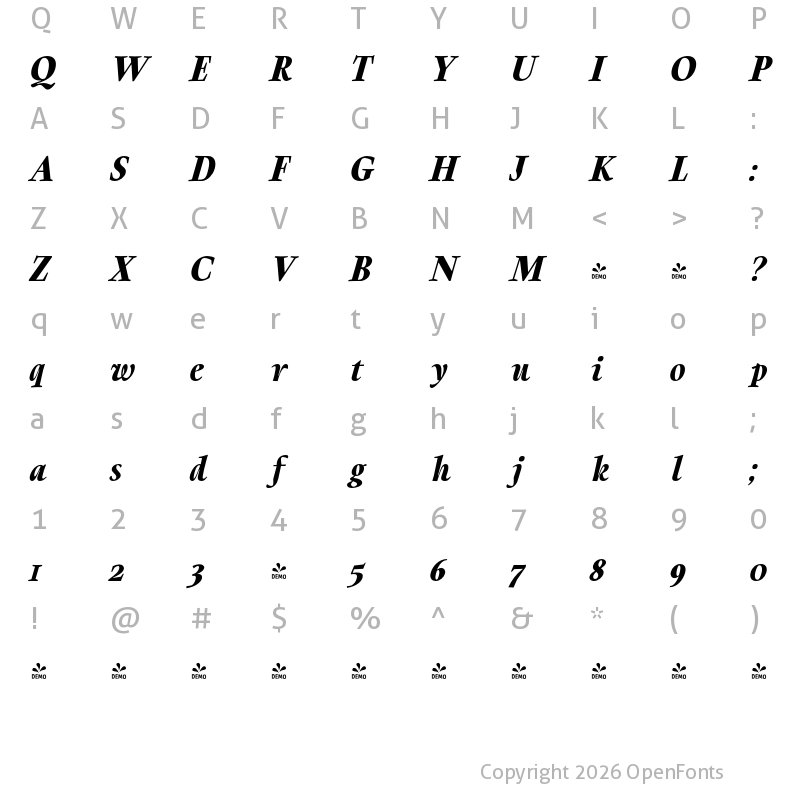 Character Map of FONTSPRING DEMO - Berganza Bold Italic