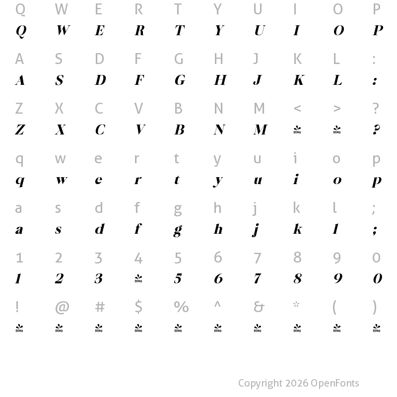 Character Map of FONTSPRING DEMO - Bermula Black Italic