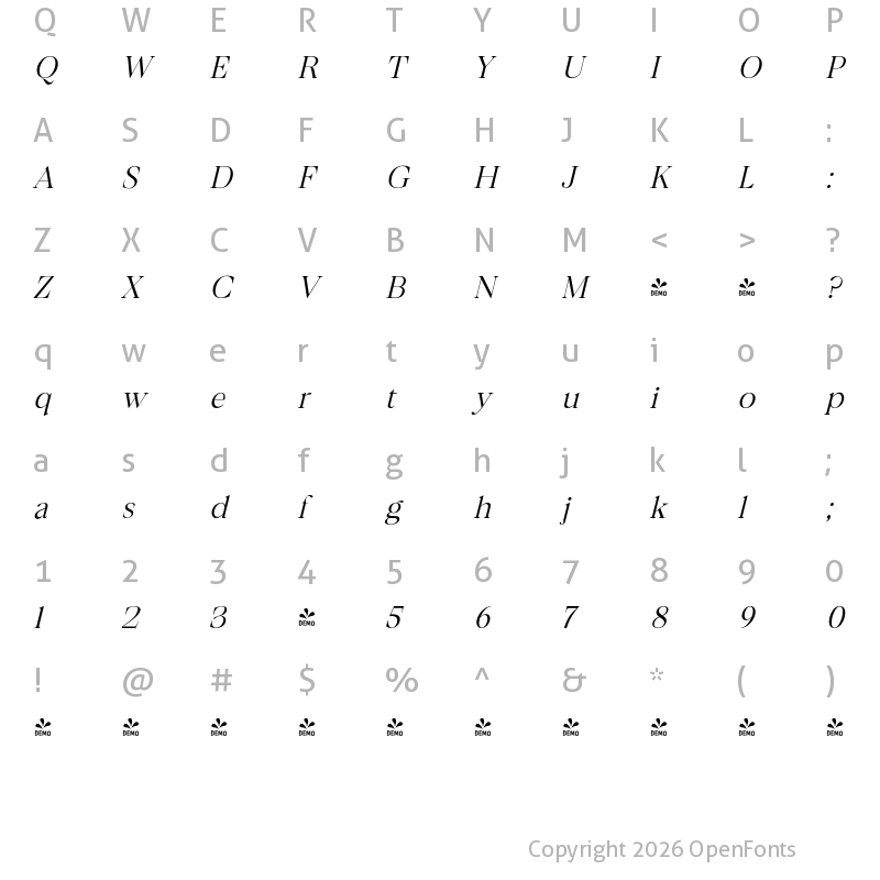 Character Map of FONTSPRING DEMO - Bermula Light Italic