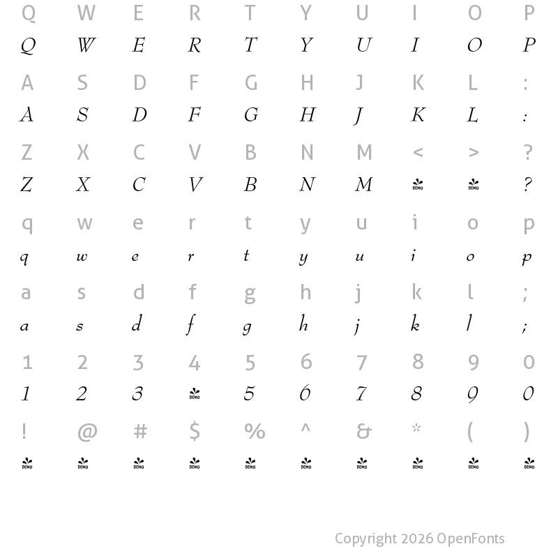 Character Map of FONTSPRING DEMO - Bernhard Modern FS Italic