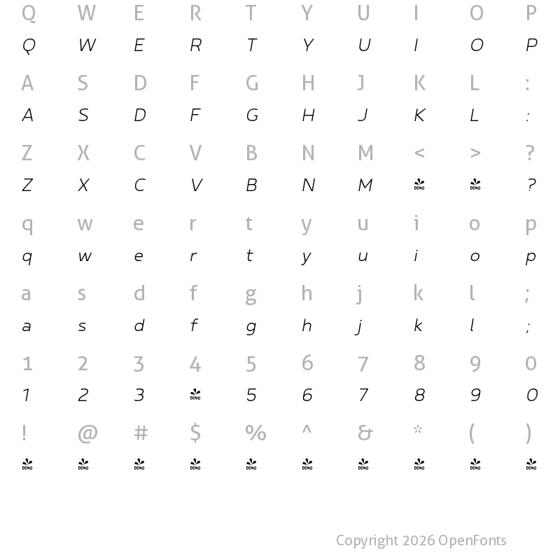 Character Map of FONTSPRING DEMO - Betm Light Italic