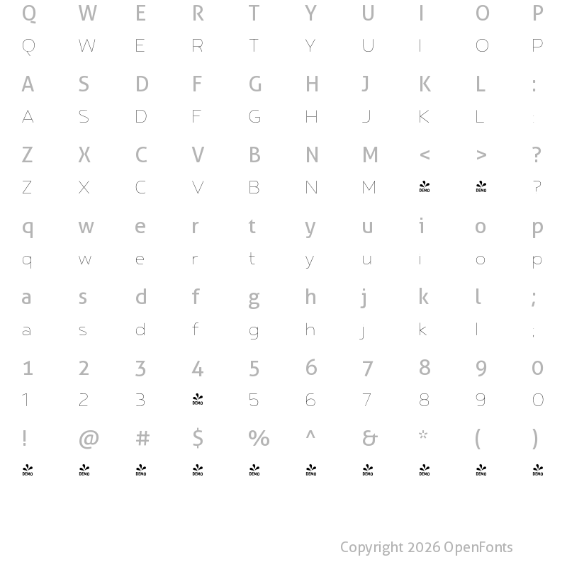 Character Map of FONTSPRING DEMO - Betm Rounded Thin Regular