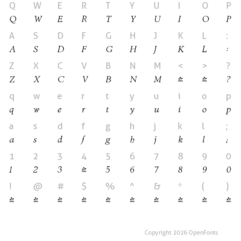 Character Map of FONTSPRING DEMO - Biblia Serif Italic