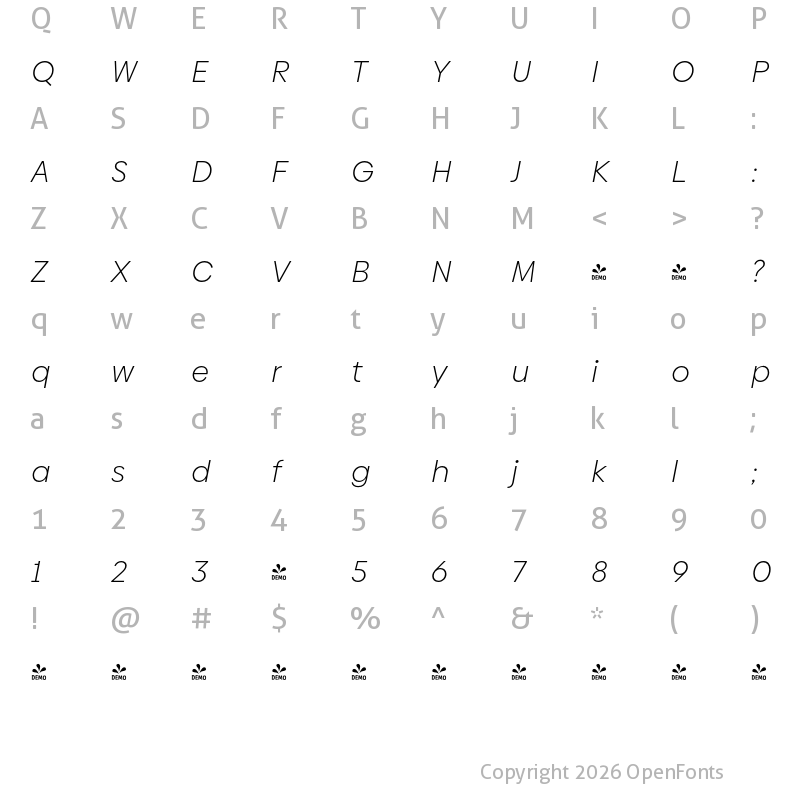 Character Map of FONTSPRING DEMO - Biennale Light It Regular