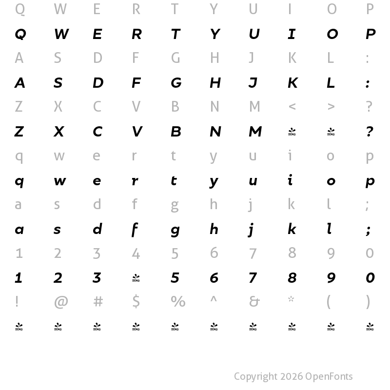 Character Map of FONTSPRING DEMO - Bilbao Medium Italic