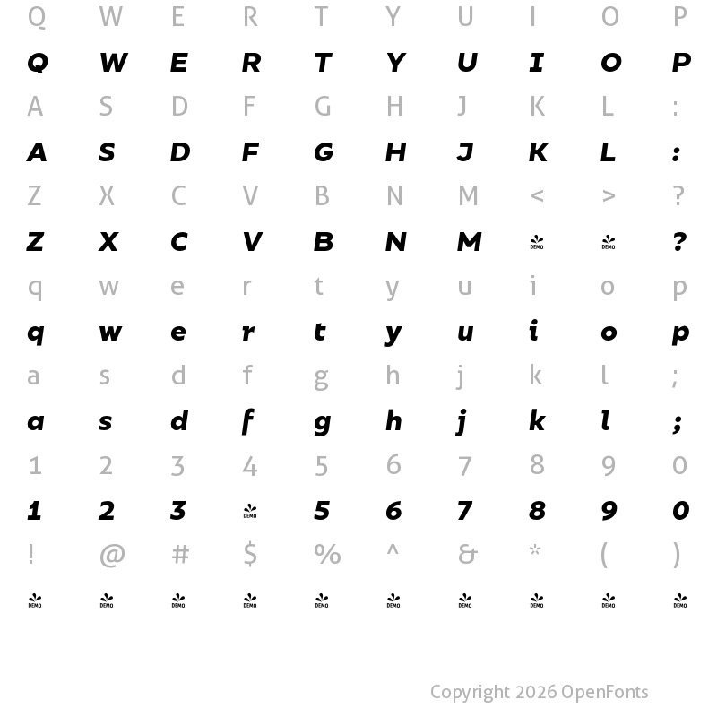 Character Map of FONTSPRING DEMO - Bilbao SemiBold Italic