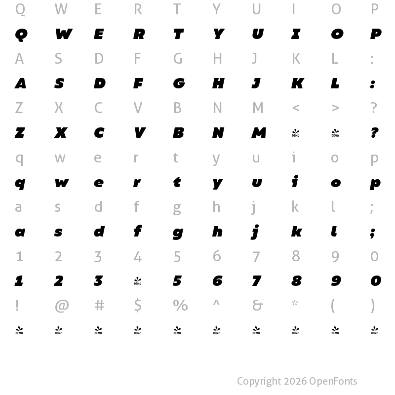 Character Map of FONTSPRING DEMO - Bion Black Italic