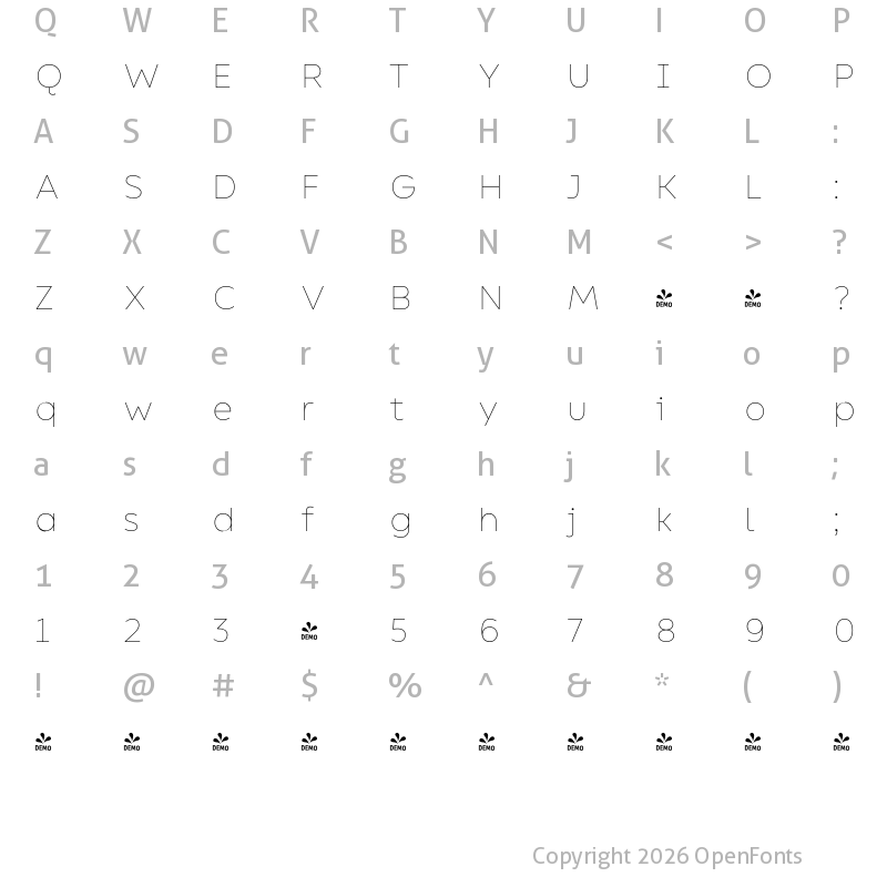 Character Map of FONTSPRING DEMO - Bion Hairline Regular