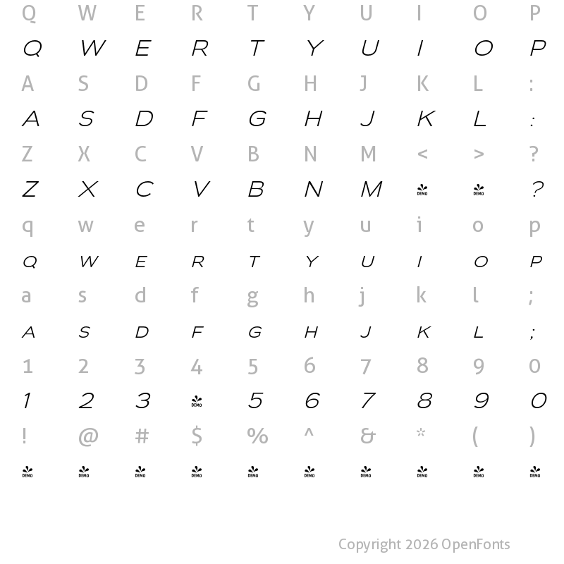 Character Map of FONTSPRING DEMO - Biondi Sans Lt Italic